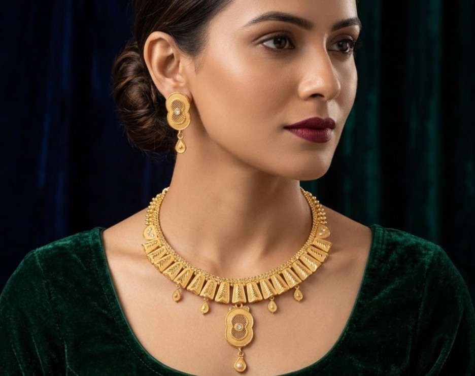 Artificial Gold Finish Necklace Set with Earrings view 3