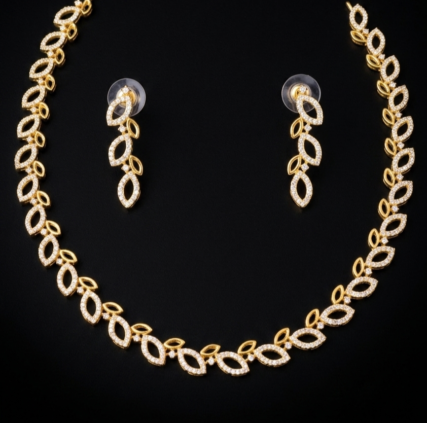 Crystal Leaf Design Gold Finish Necklace Set with Earrings