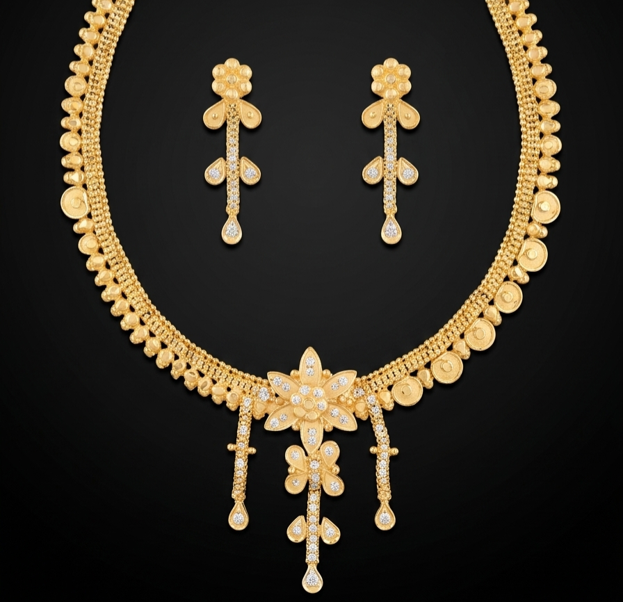 Floral Gold Finish Designer Necklace Set with Earrings