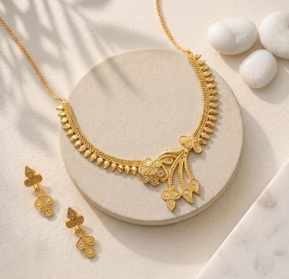 Golden Floral Asymmetric Necklace Set view 2