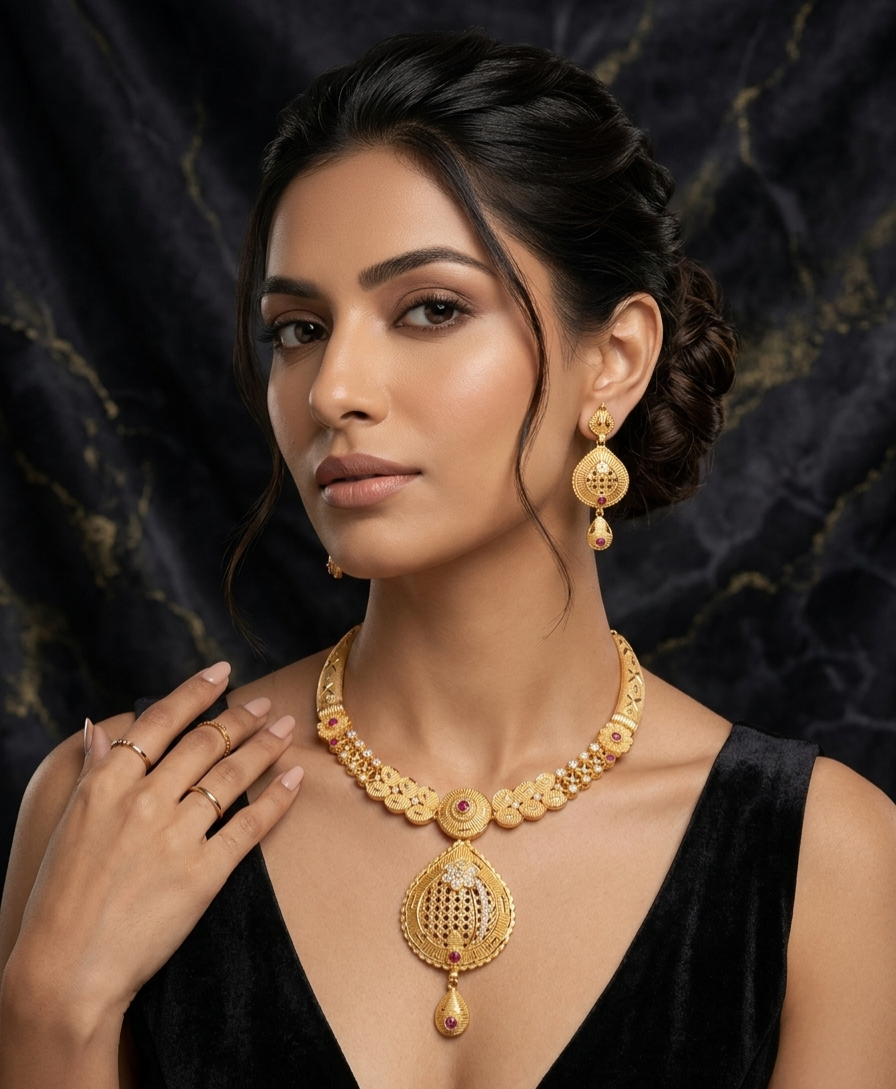 Traditional Ruby-Toned Floral Medallion Necklace Set view 3