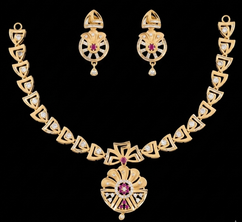 Ruby-Accented Geometric Floral Medallion Set