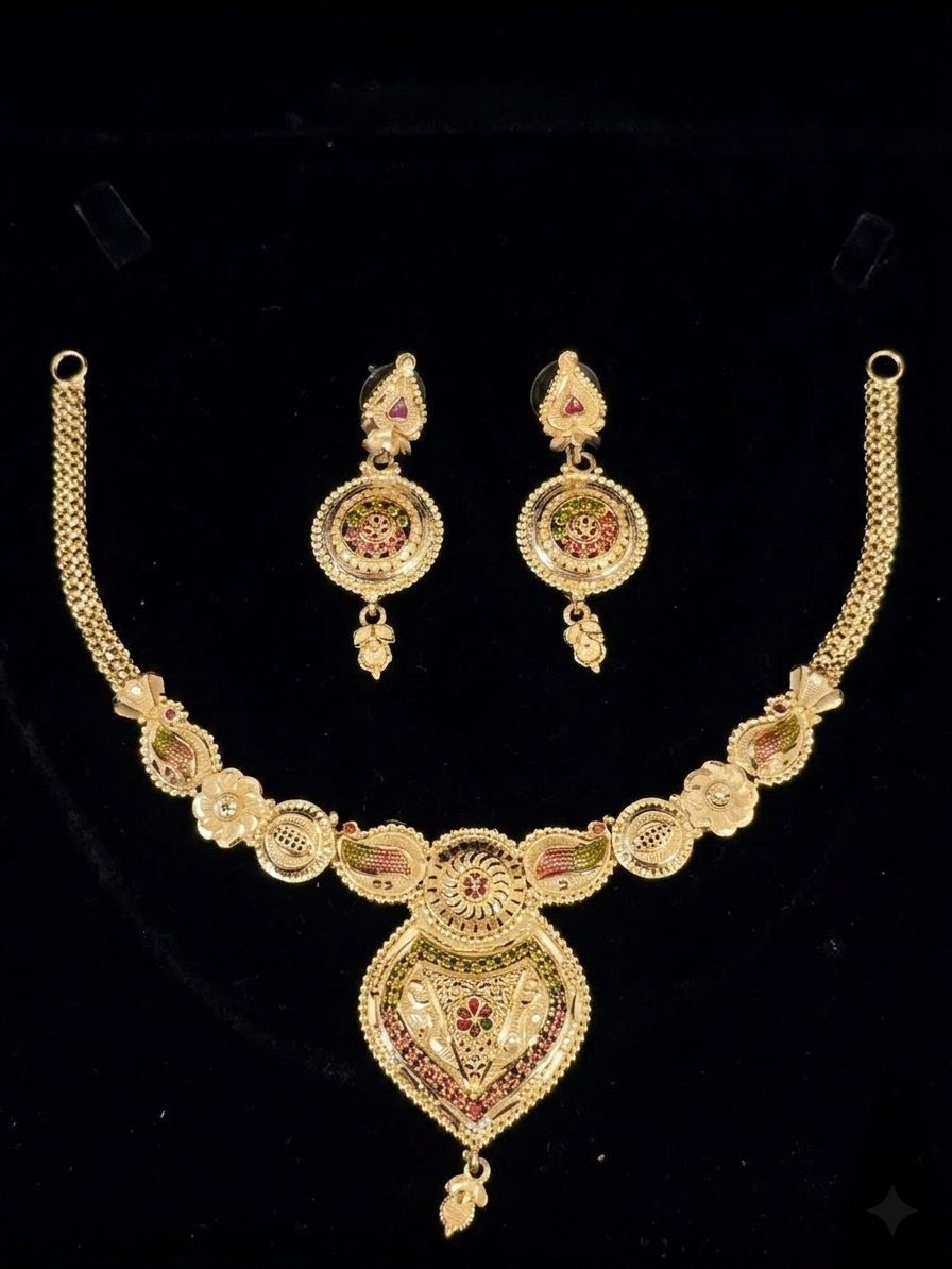 Traditional Meenakari Heart-Medallion Necklace Set