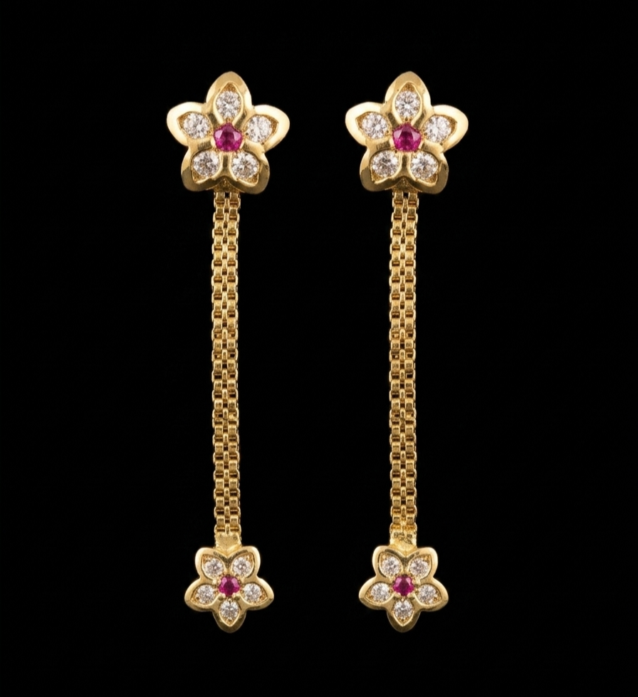 Floral Ruby-Accented Linear Drop Earrings
