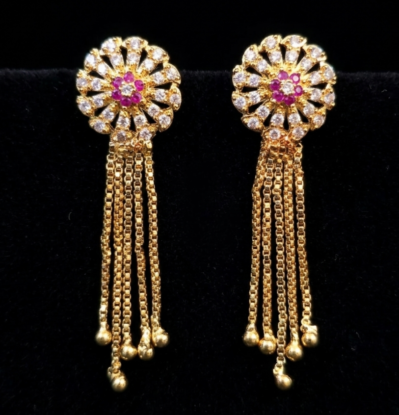 Floral Mandala Ruby & Zircon Tassel Earrings