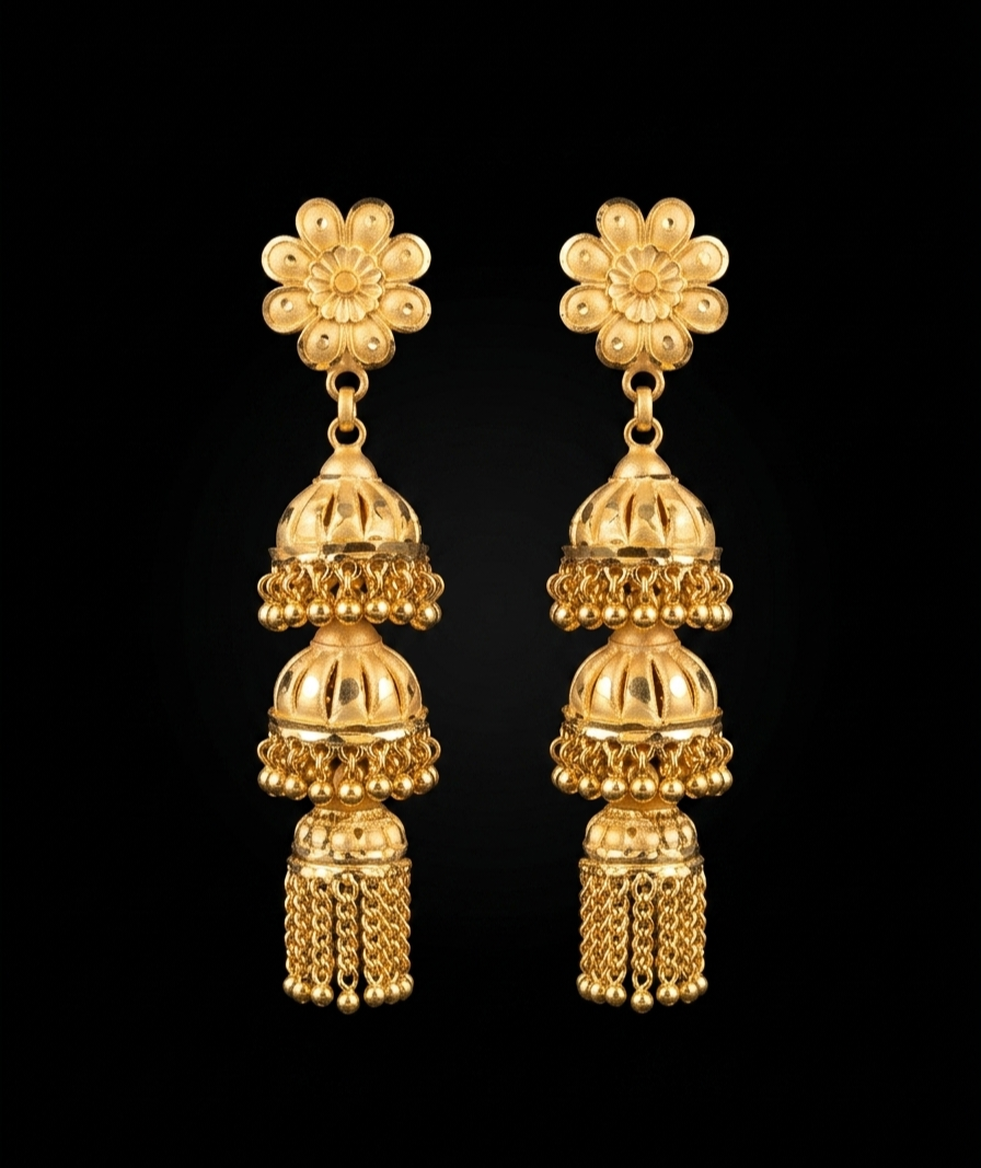 Three-Tiered Floral Gold Jhumka Earrings
