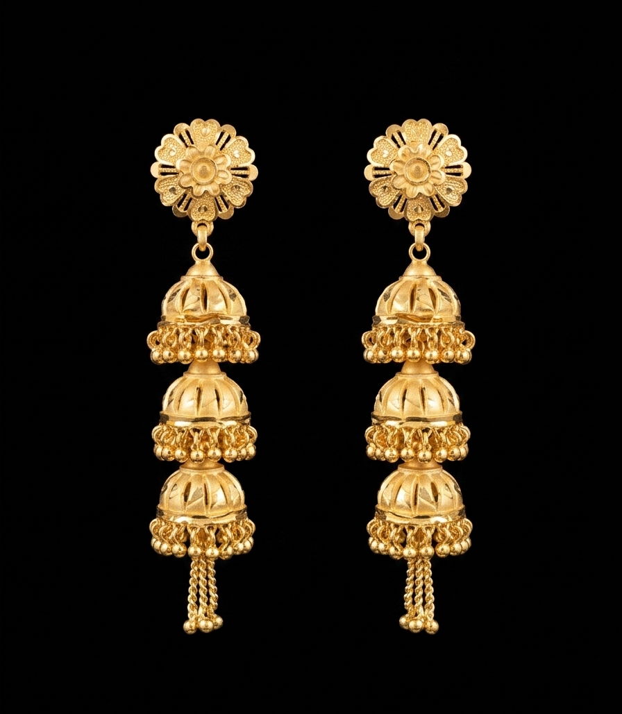 Intricate Floral Three-Tier Gold Jhumka Earrings