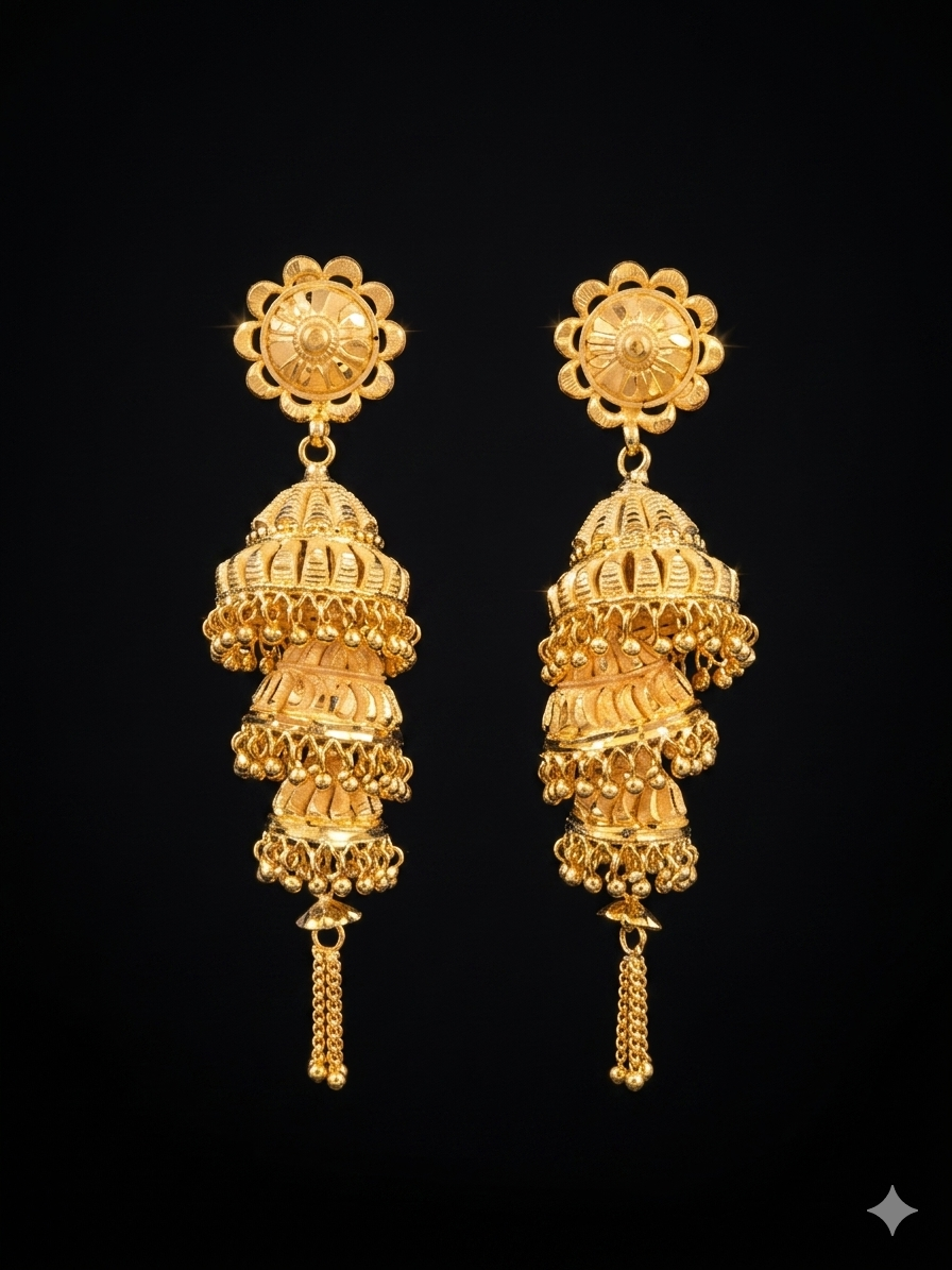 Royal Sunburst Three-Tier Gold Jhumka Earrings