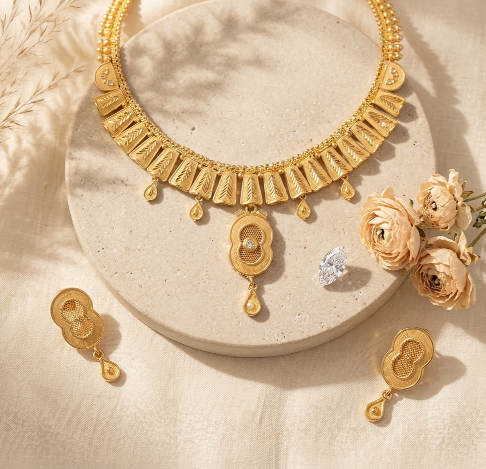 Artificial Gold Finish Necklace Set with Earrings view 2
