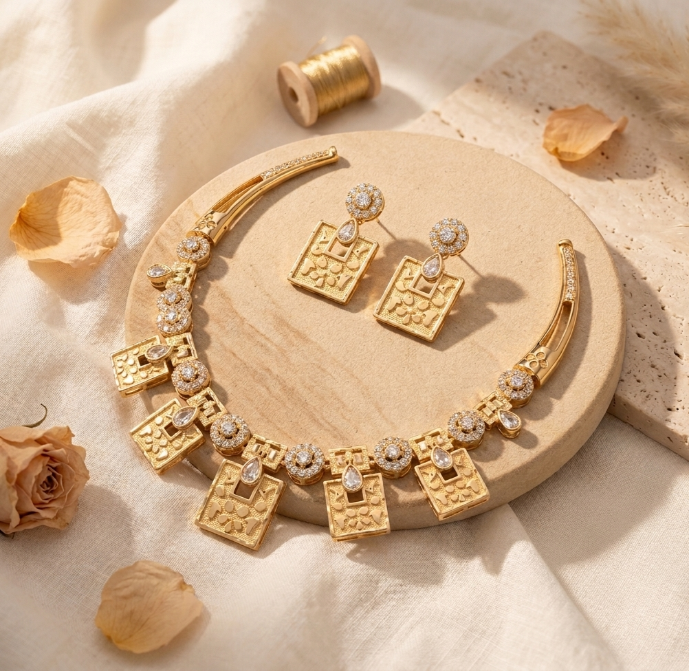 Modern Geometric Square-Drop Necklace Set view 2