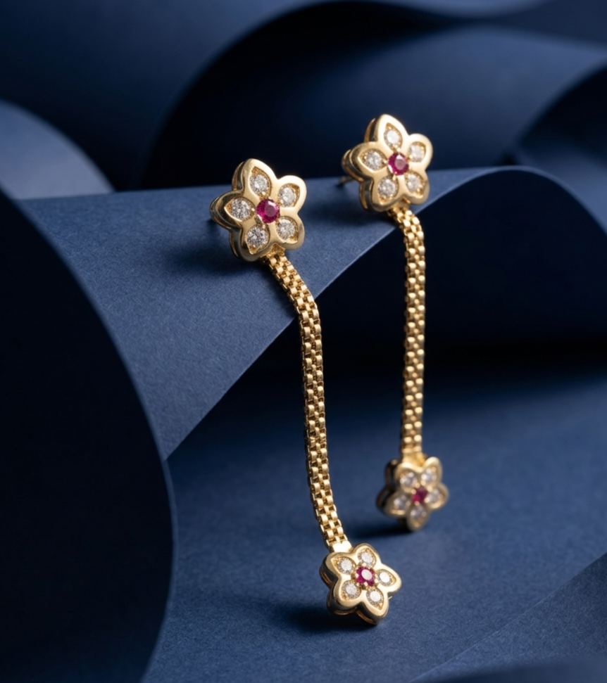 Floral Ruby-Accented Linear Drop Earrings view 2