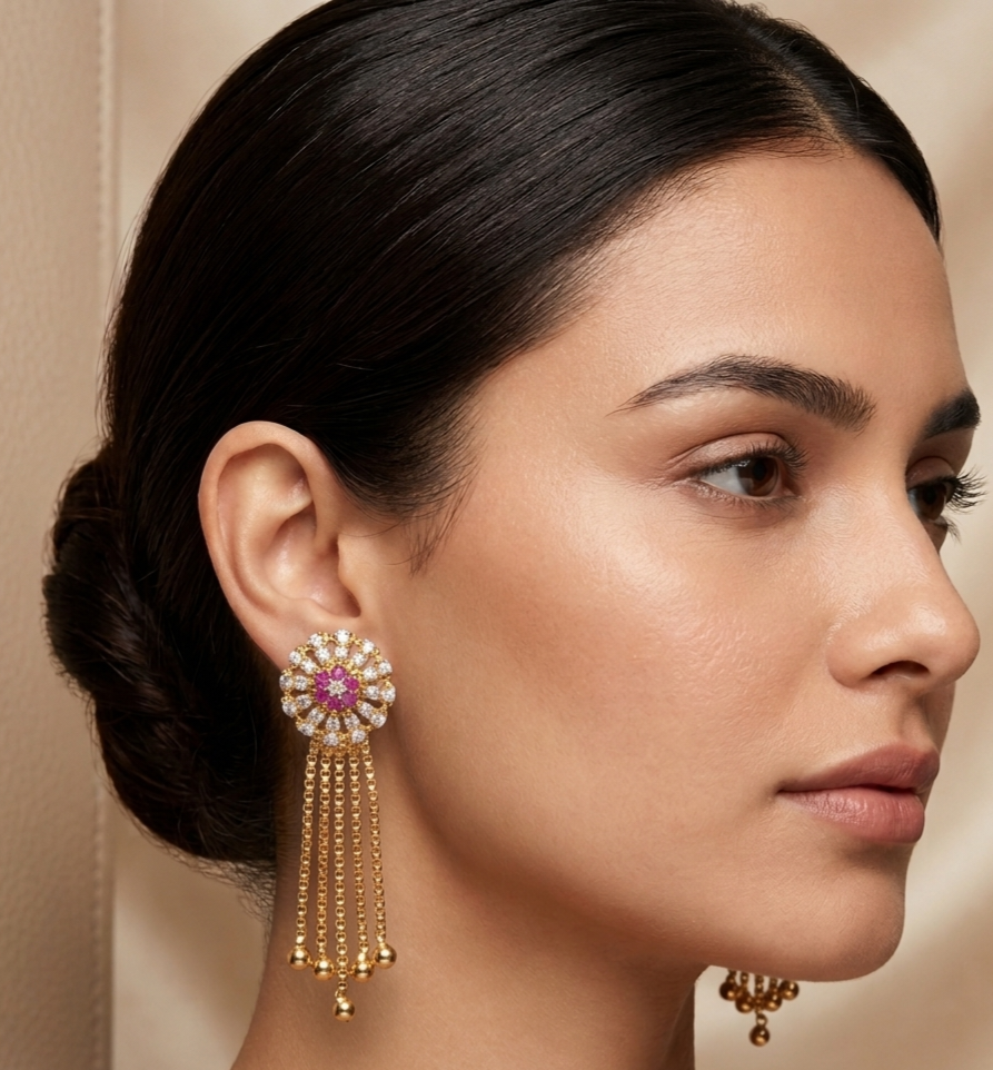 Floral Mandala Ruby & Zircon Tassel Earrings view 3
