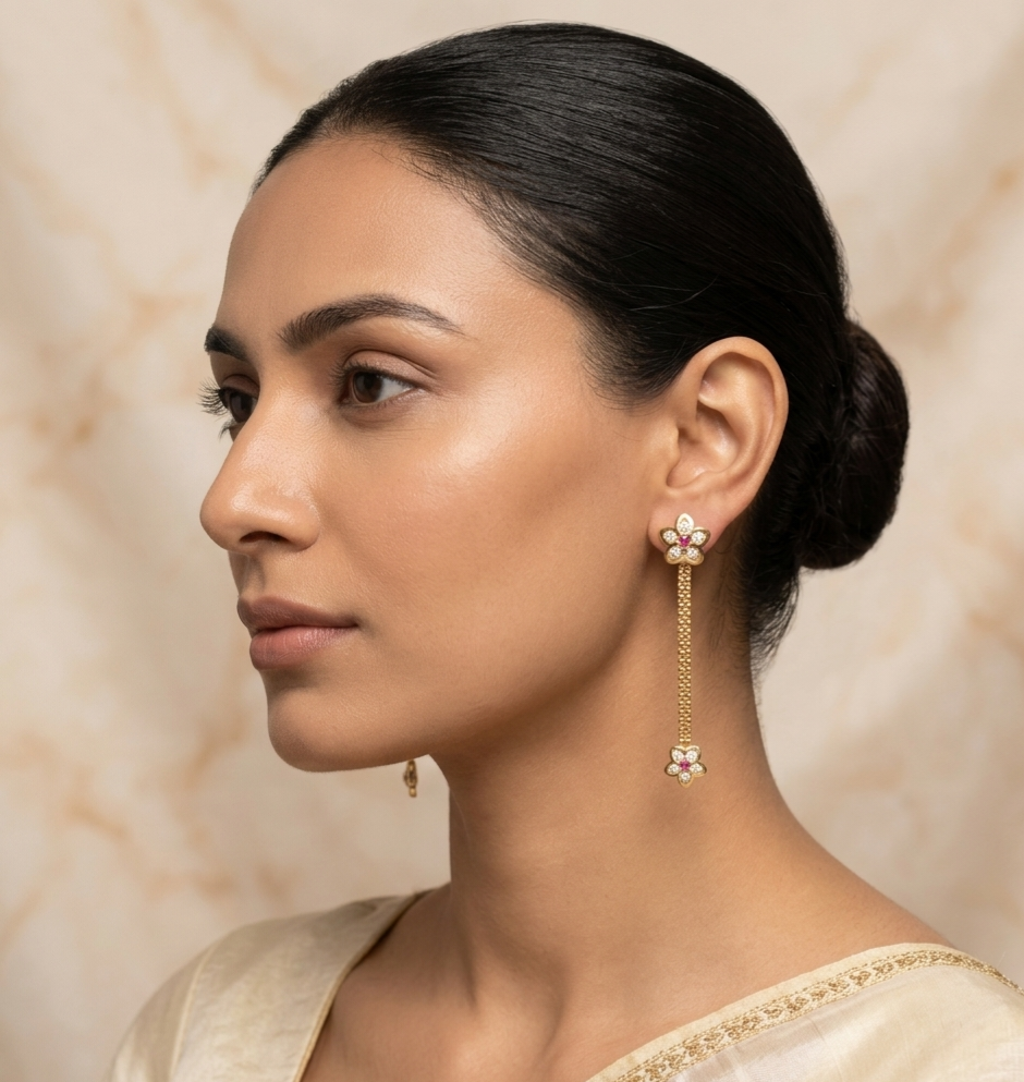 Floral Ruby-Accented Linear Drop Earrings view 3