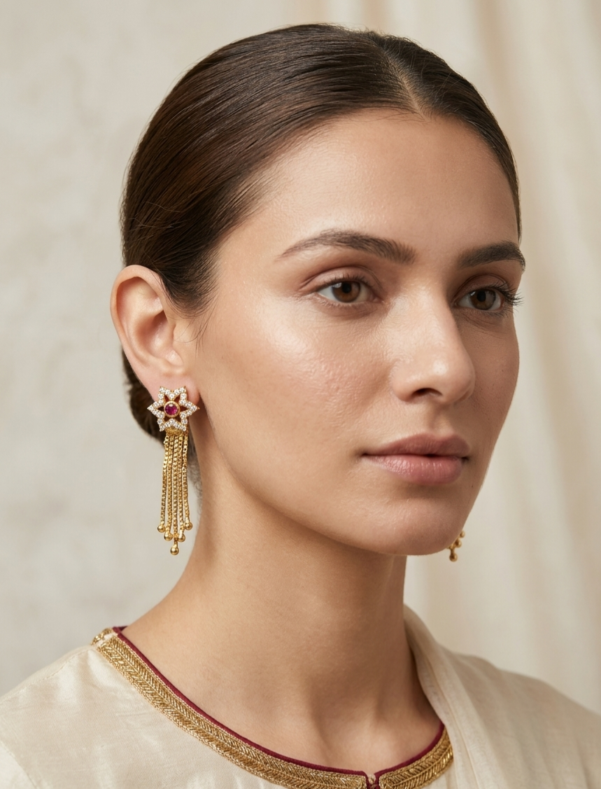 Star-Floral Ruby & Zircon Tassel Earrings view 3