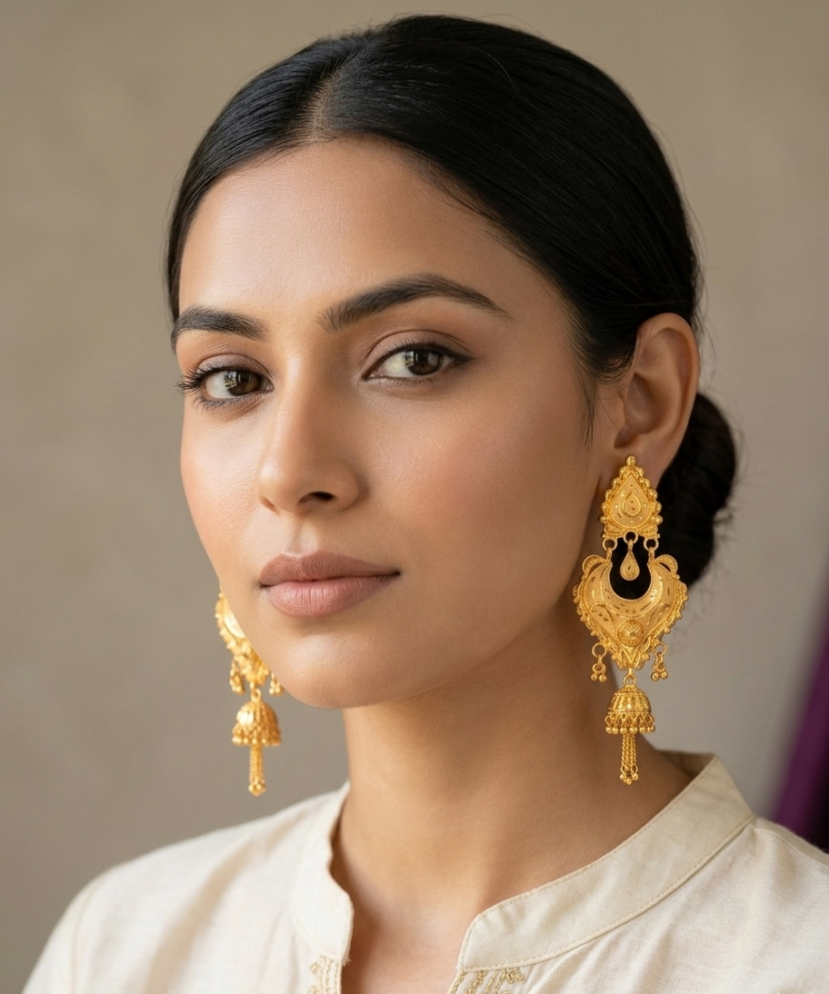 Royal Gold Textured Chandbali Jhumka Earrings view 3