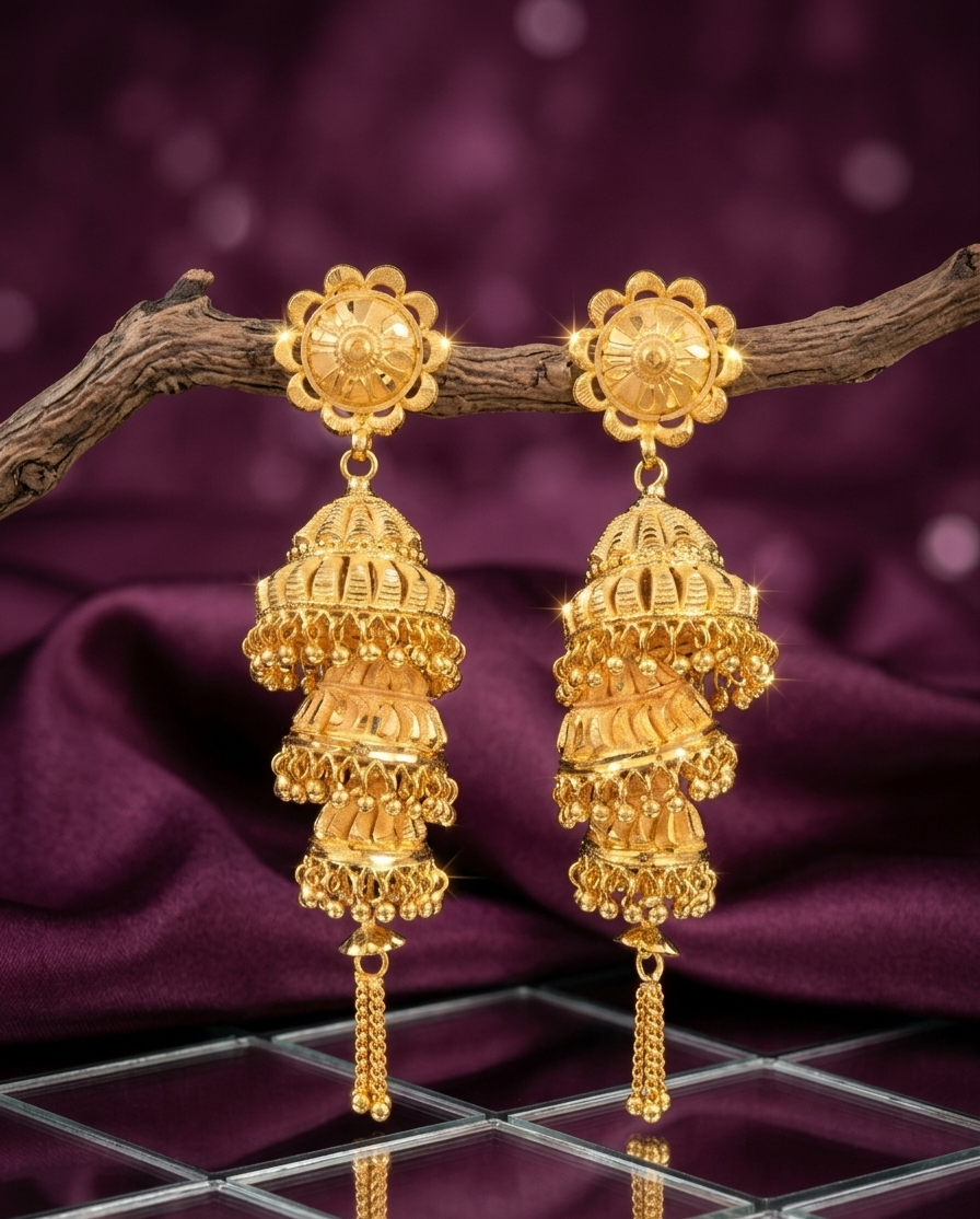 Royal Sunburst Three-Tier Gold Jhumka Earrings view 2