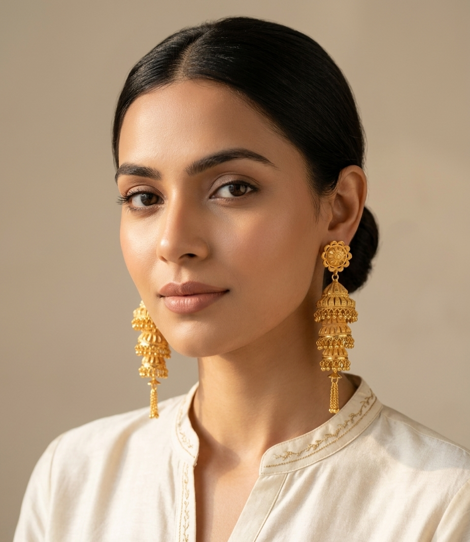 Royal Sunburst Three-Tier Gold Jhumka Earrings view 3
