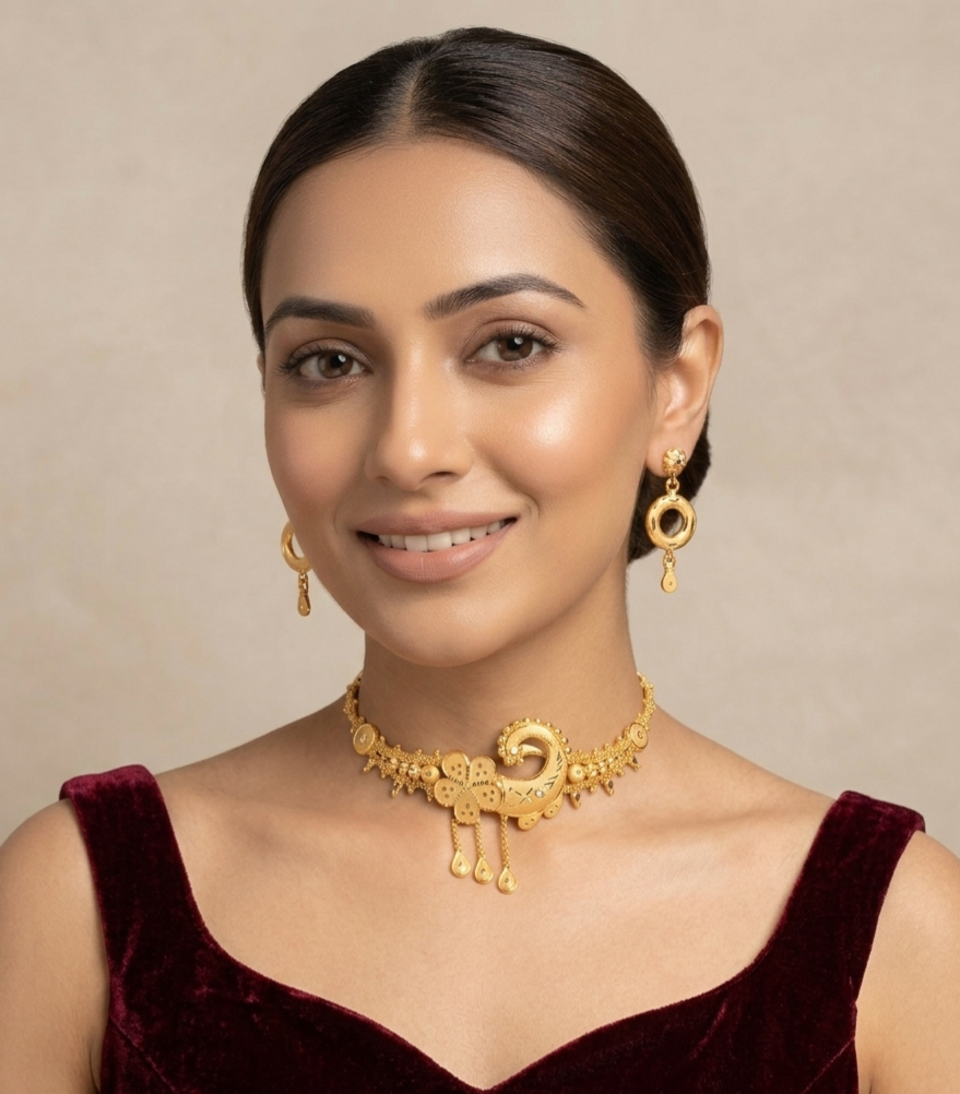 Chic Peacock & Floral Gold Choker Set view 3