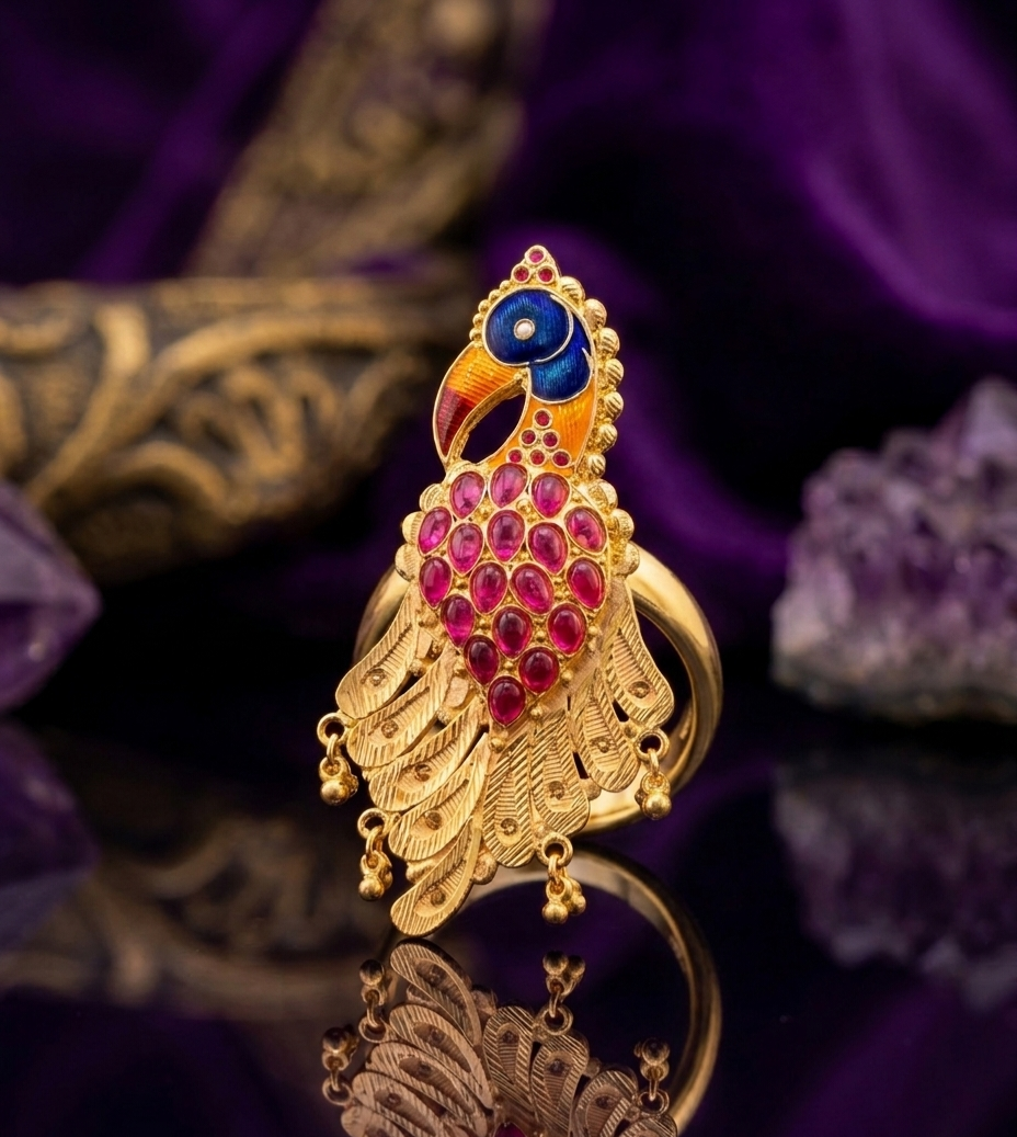 Majestic Meenakari Peacock Statement Ring view 2