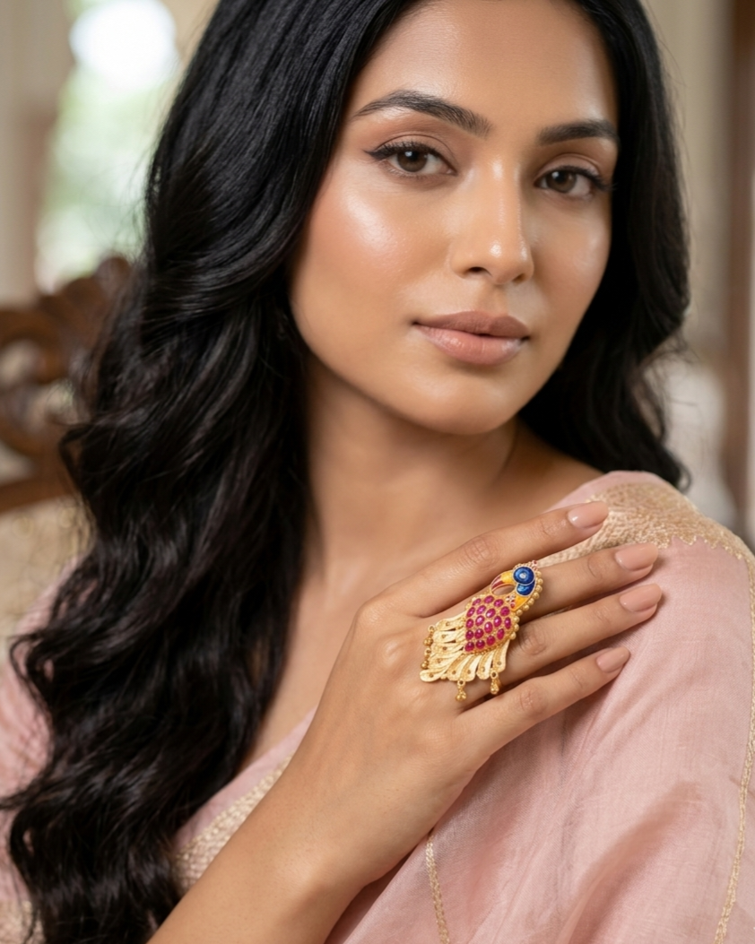 Majestic Meenakari Peacock Statement Ring view 3