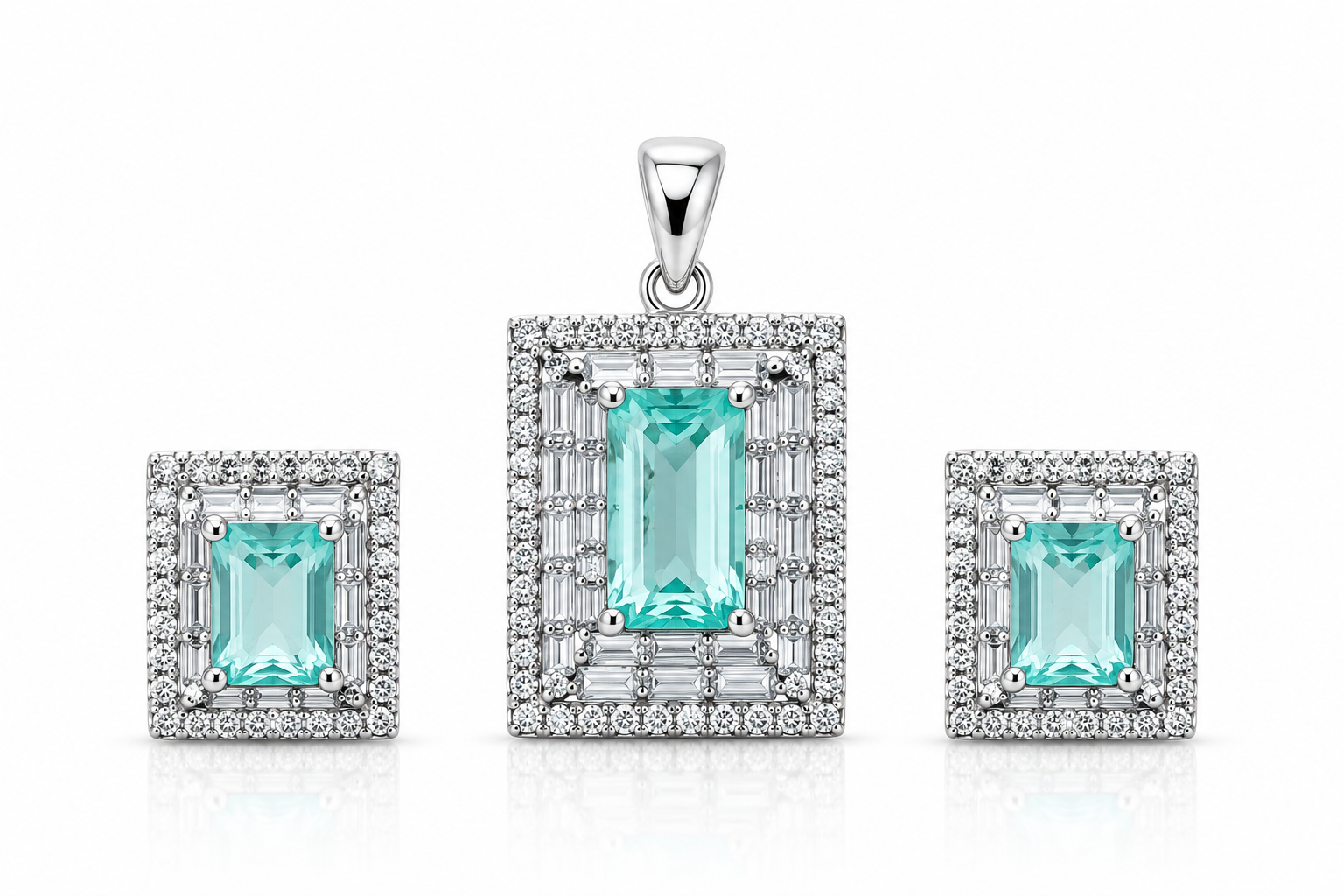 American Diamond Aqua Green Pendant Set with Earrings