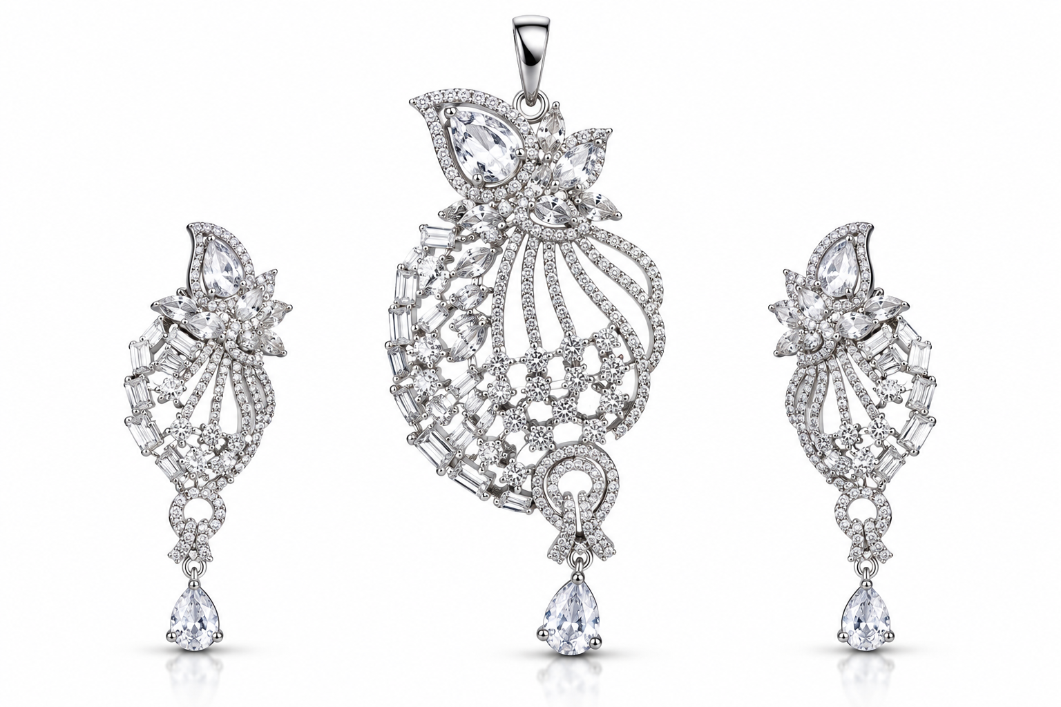 American Diamond Peacock Design Pendant Set with Earrings