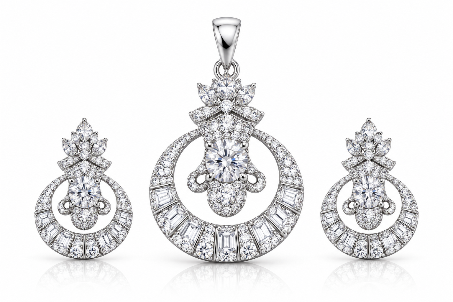 American Diamond Circular Floral Pendant Set with Earrings