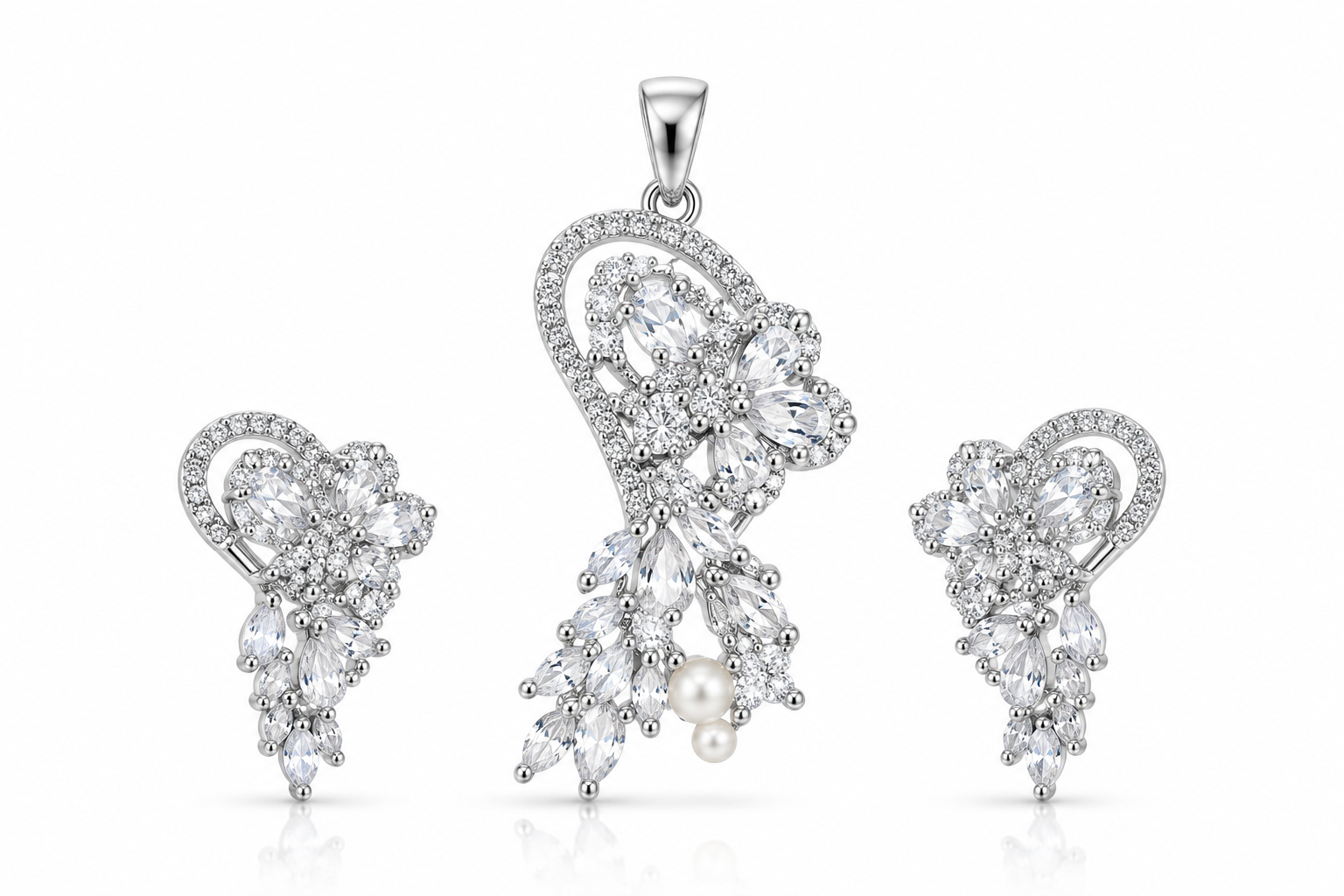 American Diamond Floral Pearl Pendant Set with Earrings