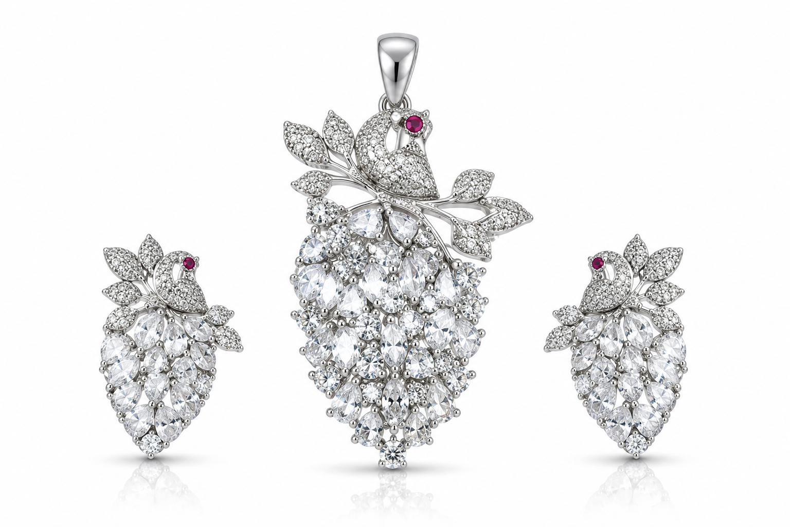 American Diamond Peacock Leaf Pendant Set with Earrings