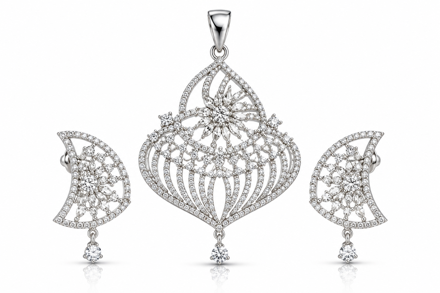 American Diamond Floral Teardrop Pendant Set with Earrings