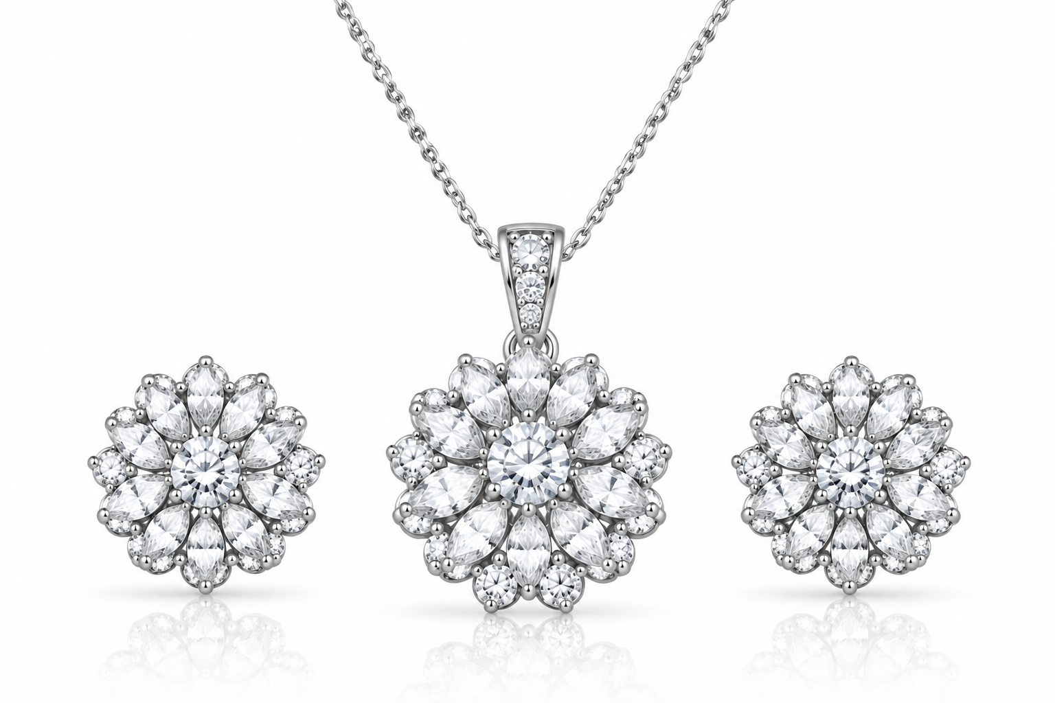 American Diamond Floral Pendant Set with Earrings
