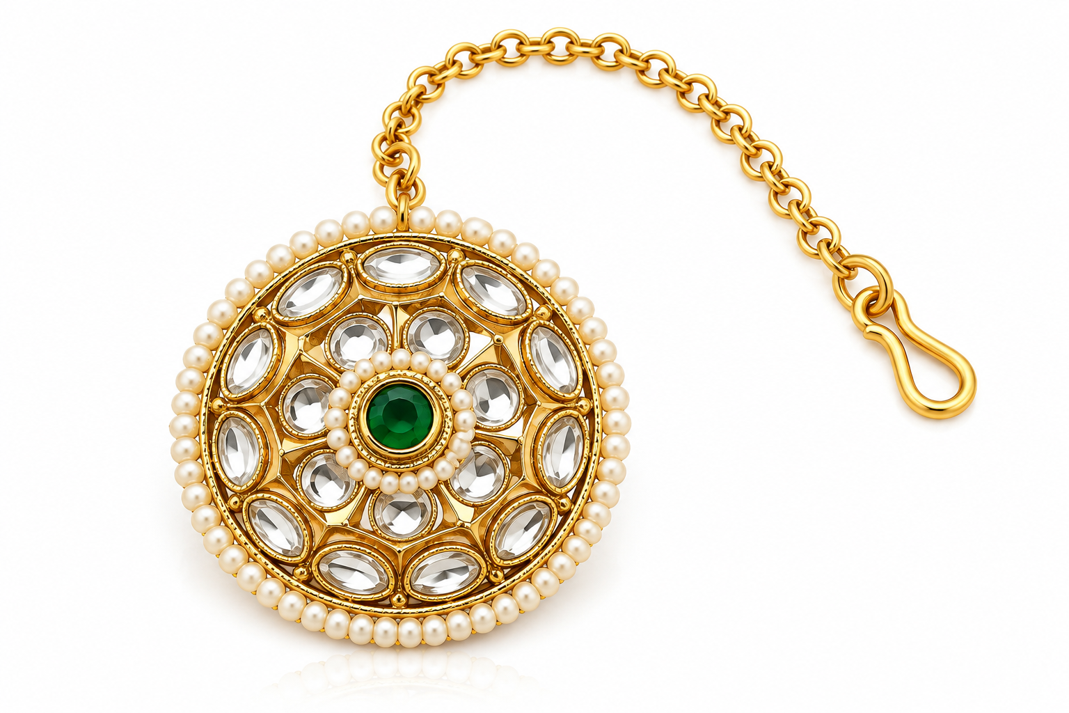 Traditional Polki Kundan Borla Maang Tikka with Green Stone