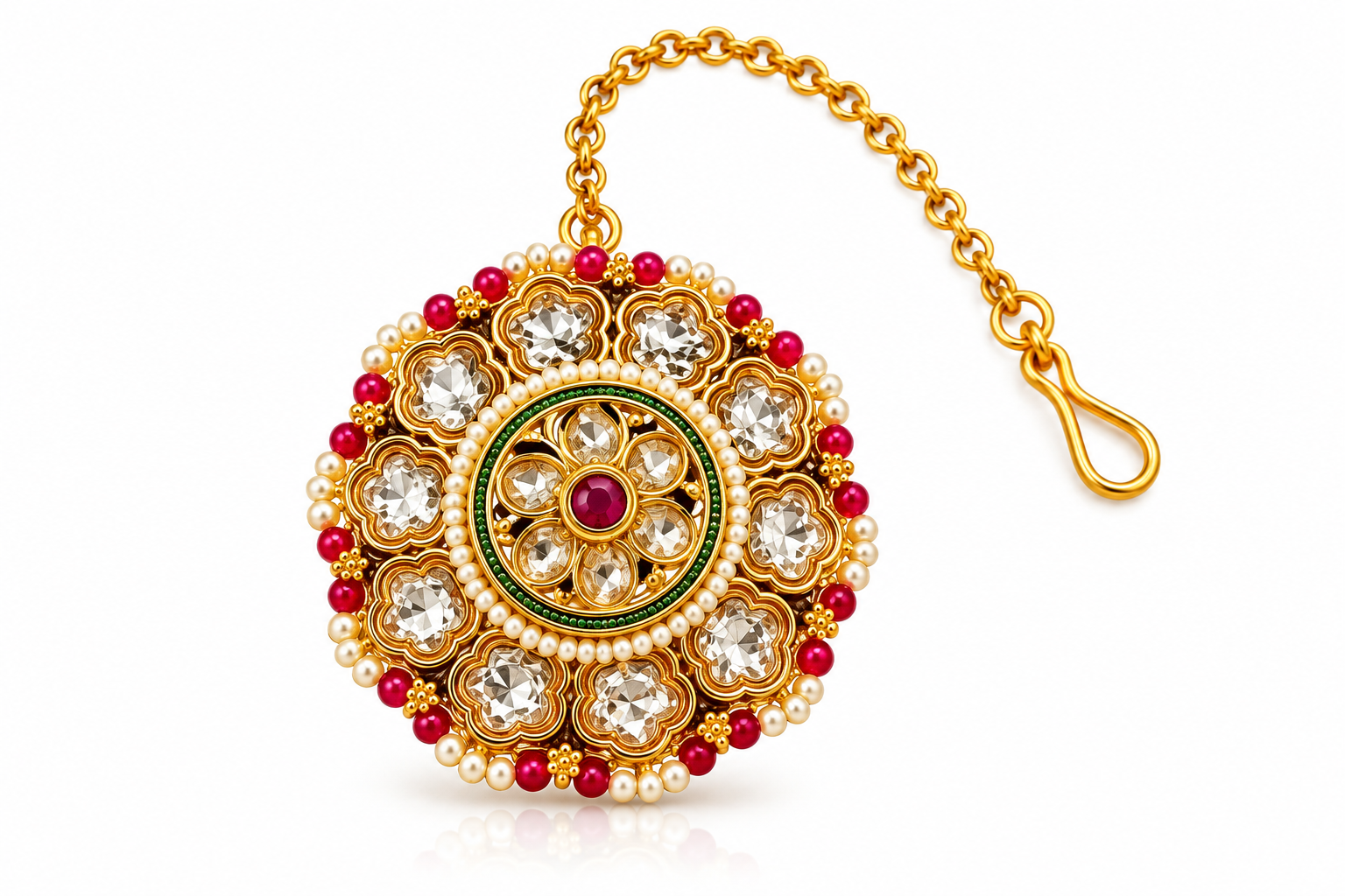 Traditional Polki Kundan Borla Maang Tikka with Red Stones