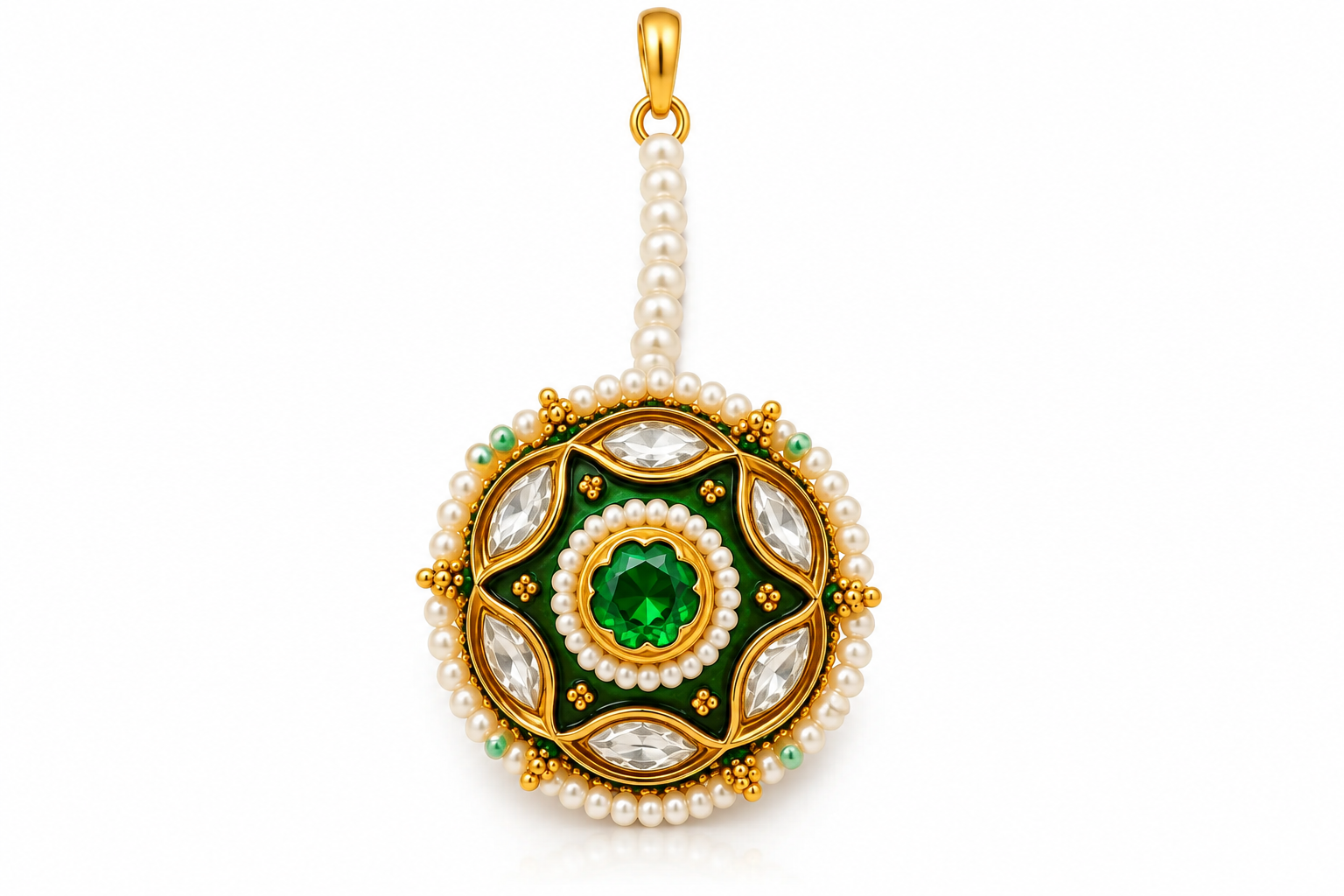 Green Stone Polki Kundan Borla with Pearls