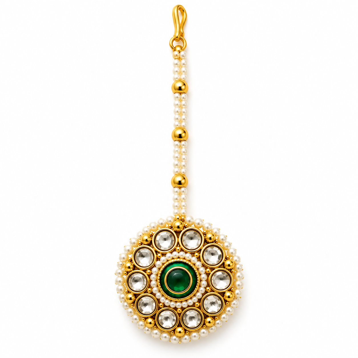 Green Stone Polki Kundan Borla with Pearl Chain