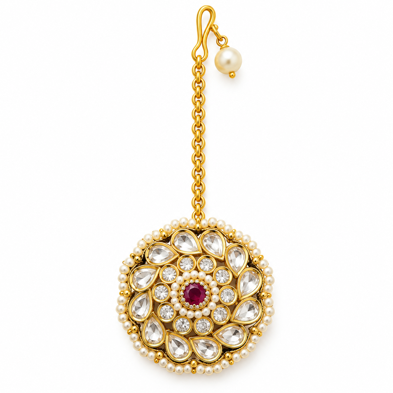 Ruby Red Polki Kundan Borla with Gold Chain