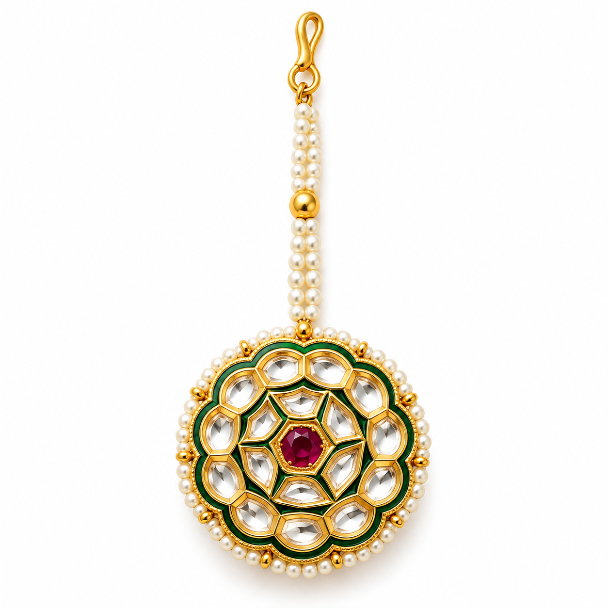 Ruby Red Floral Polki Kundan Borla with Pearl Chain