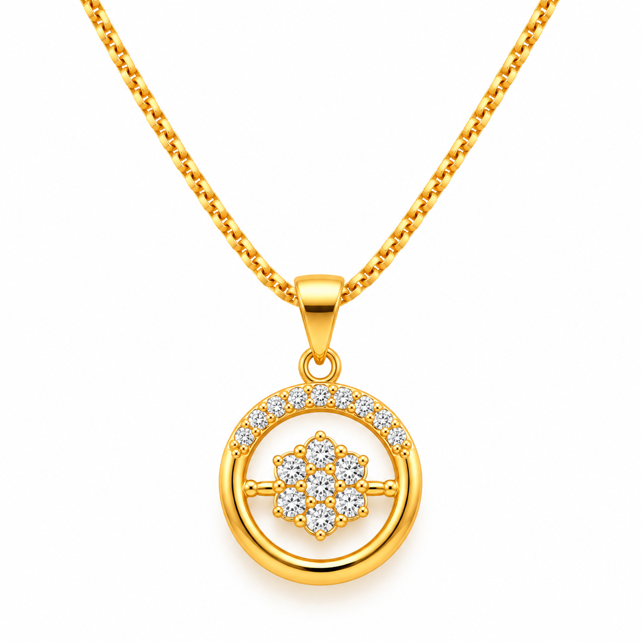 Anti Tarnish Gold Floral Circle Pendant Chain