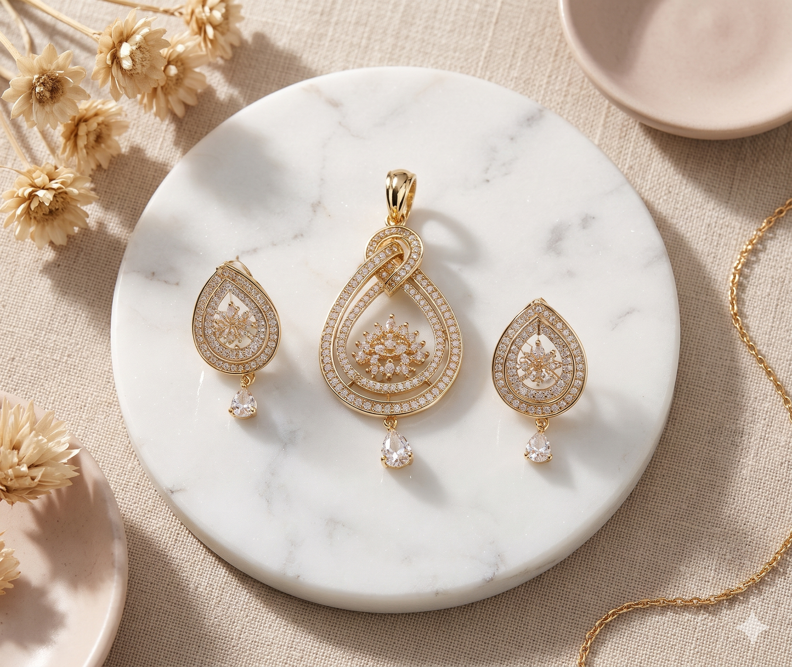 Luxury Gold Plated A.D. Pendant with Matching Earrings Set